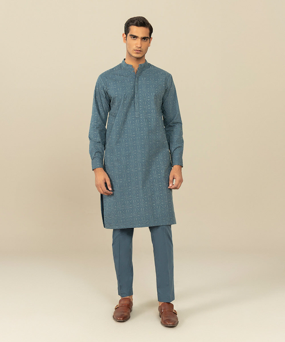 Men's Festive Stitched Cotton Embroidered Blue Straight Hem Suit