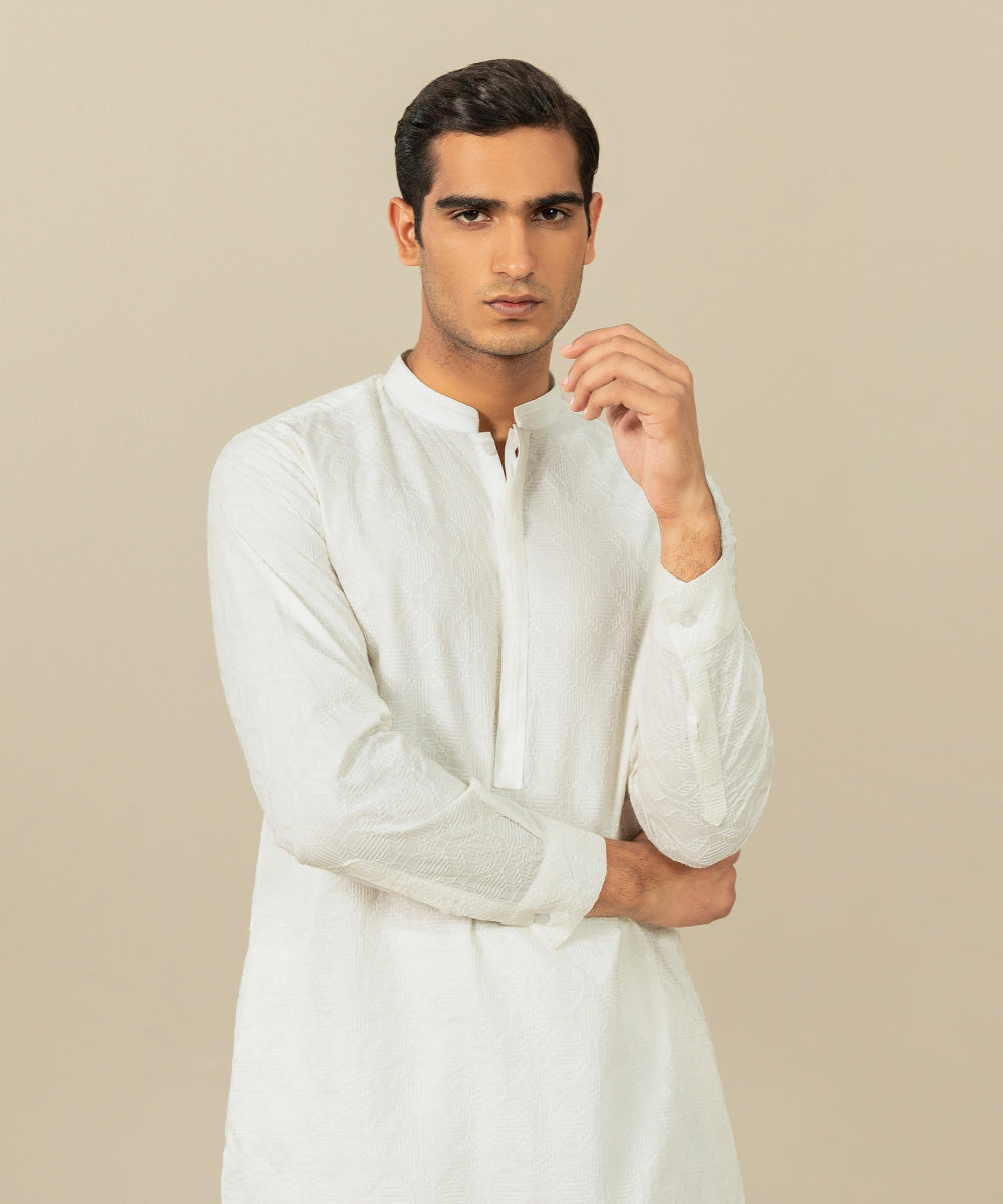 Men's Festive Stitched Cotton Embroidered White Straight Hem Suit