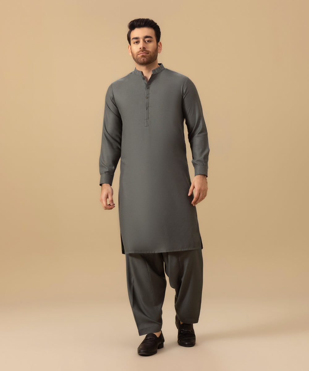Men's Stitched Winter Wash & Wear Grey Straight Hem Kurta Shalwar