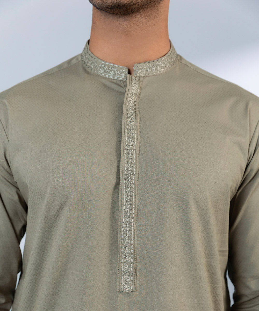 Men's Stitched Cotton Dobby Beige Straight Hem Kurta Shalwar