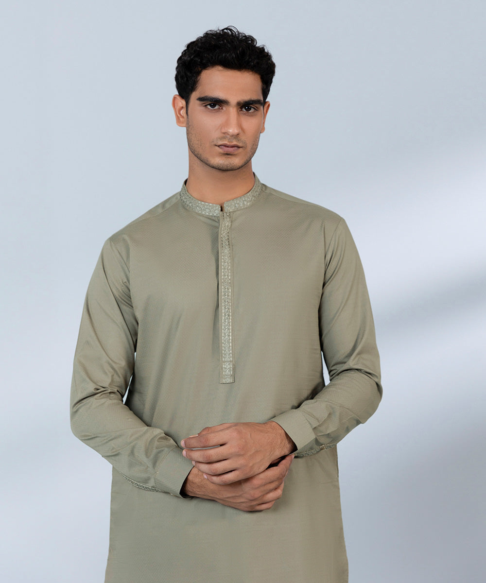 Men's Stitched Cotton Dobby Beige Straight Hem Kurta Shalwar