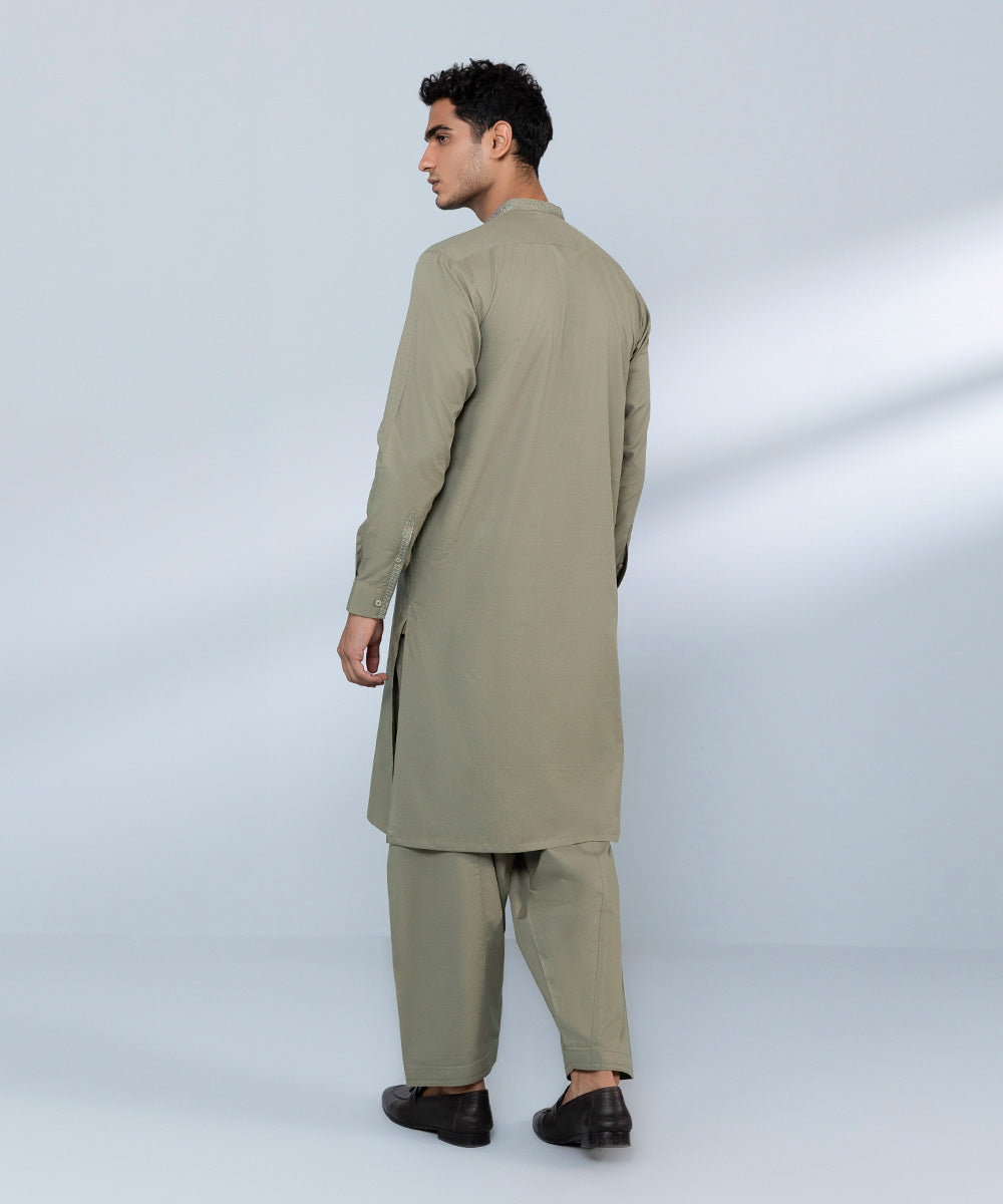 Men's Stitched Cotton Dobby Beige Straight Hem Kurta Shalwar