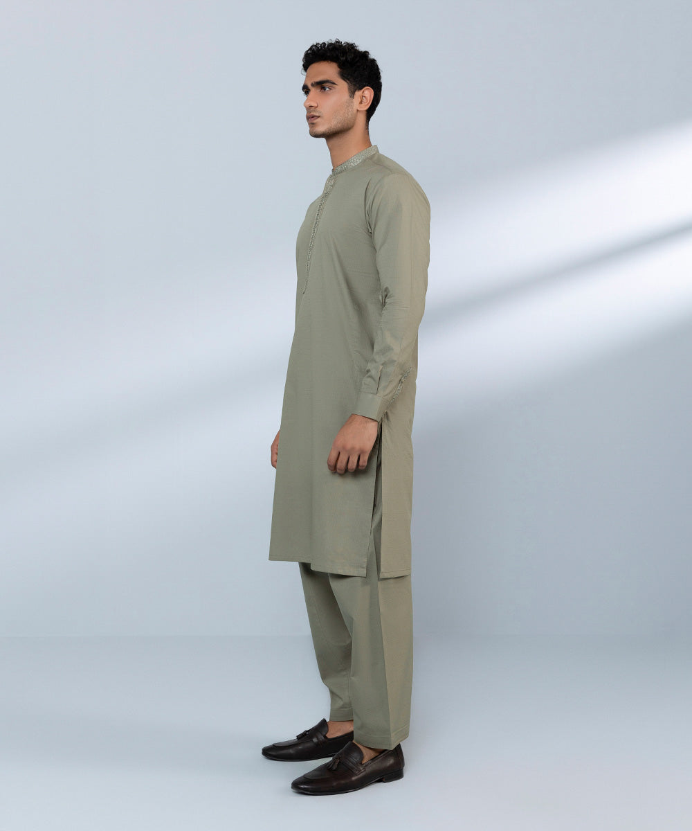 Men's Stitched Cotton Dobby Beige Straight Hem Kurta Shalwar