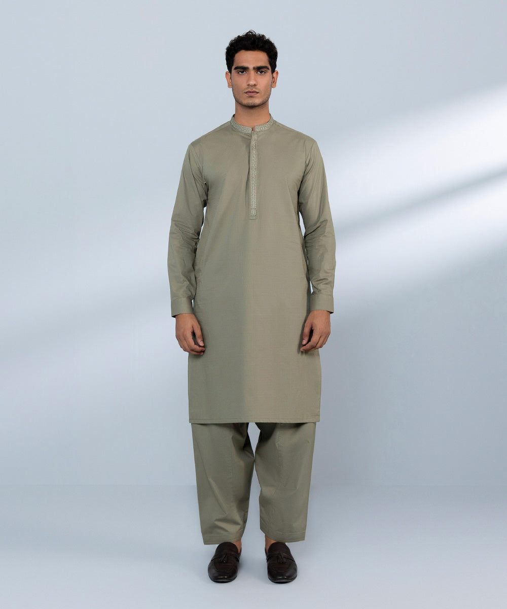 Men's Stitched Cotton Dobby Beige Straight Hem Kurta Shalwar