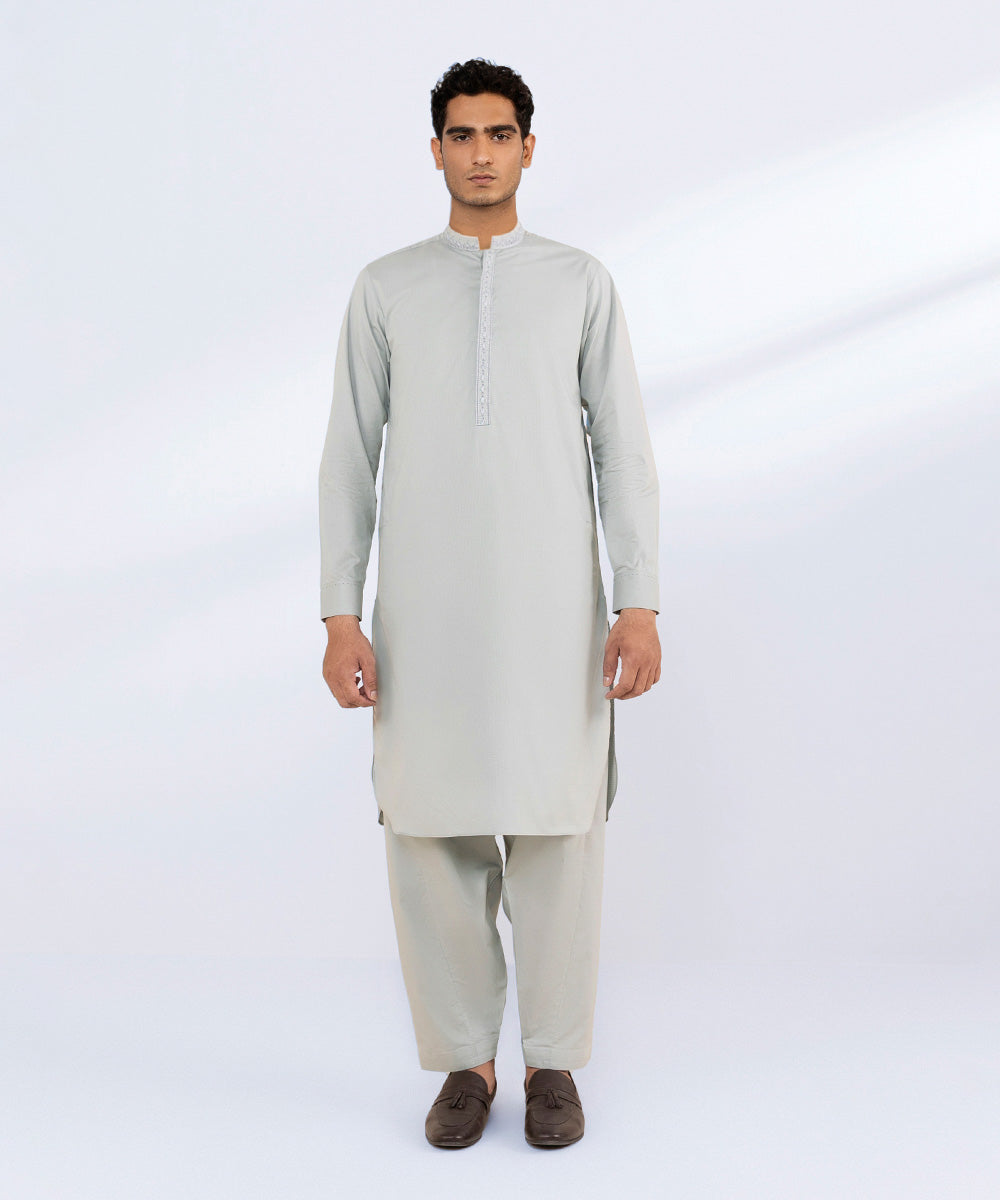 Men's Stitched Cotton Dobby Grey Round Hem Kurta Shalwar