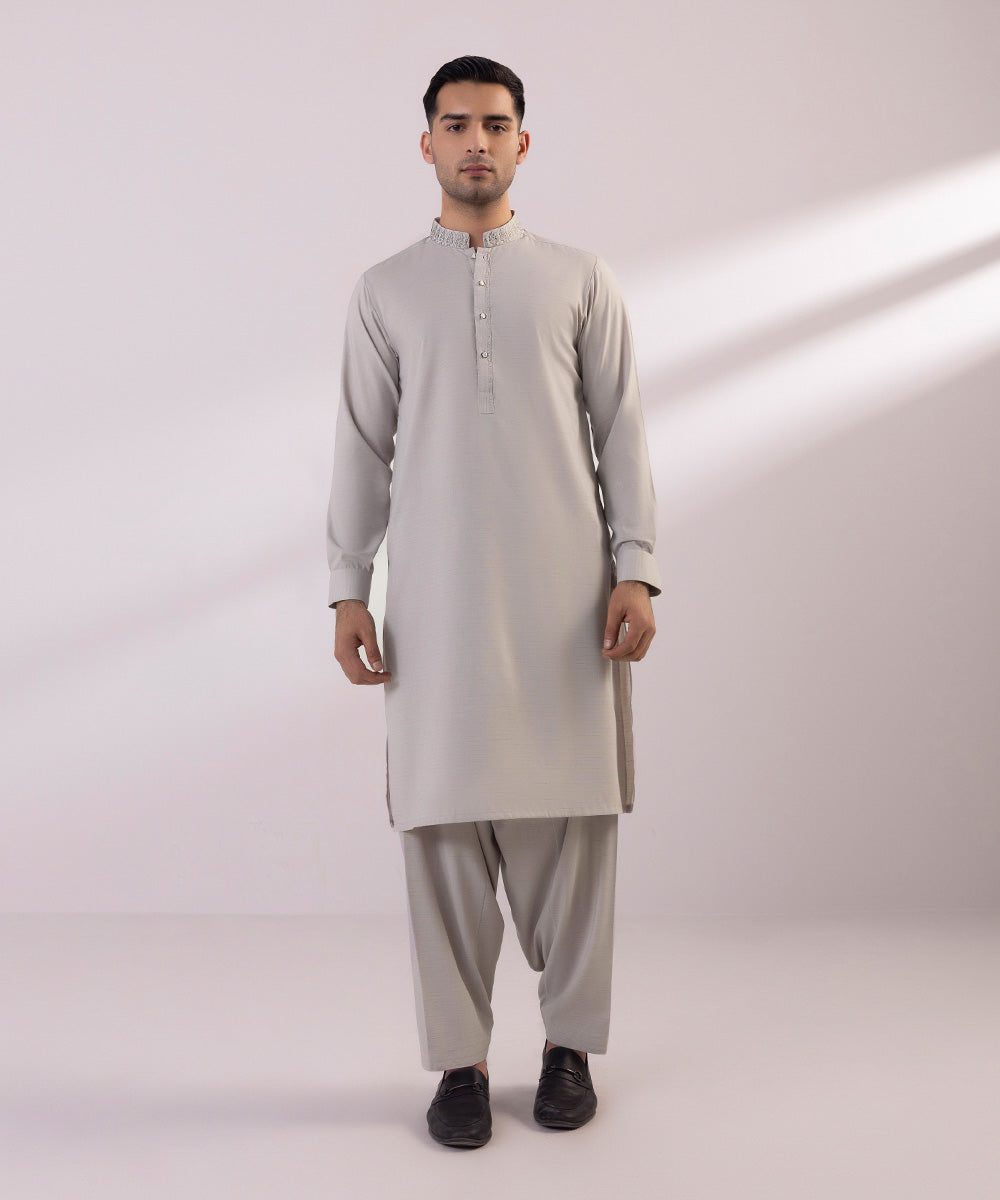 Men's Stitched Embroidered Fancy Wash & Wear Light Grey Straight Hem Kurta Shalwar