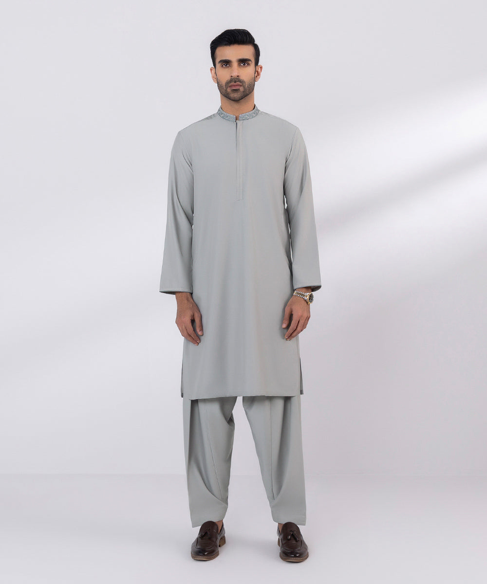Men's Stitched Embroidered Fancy Wash & Wear Light Grey Straight Hem Kurta Shalwar