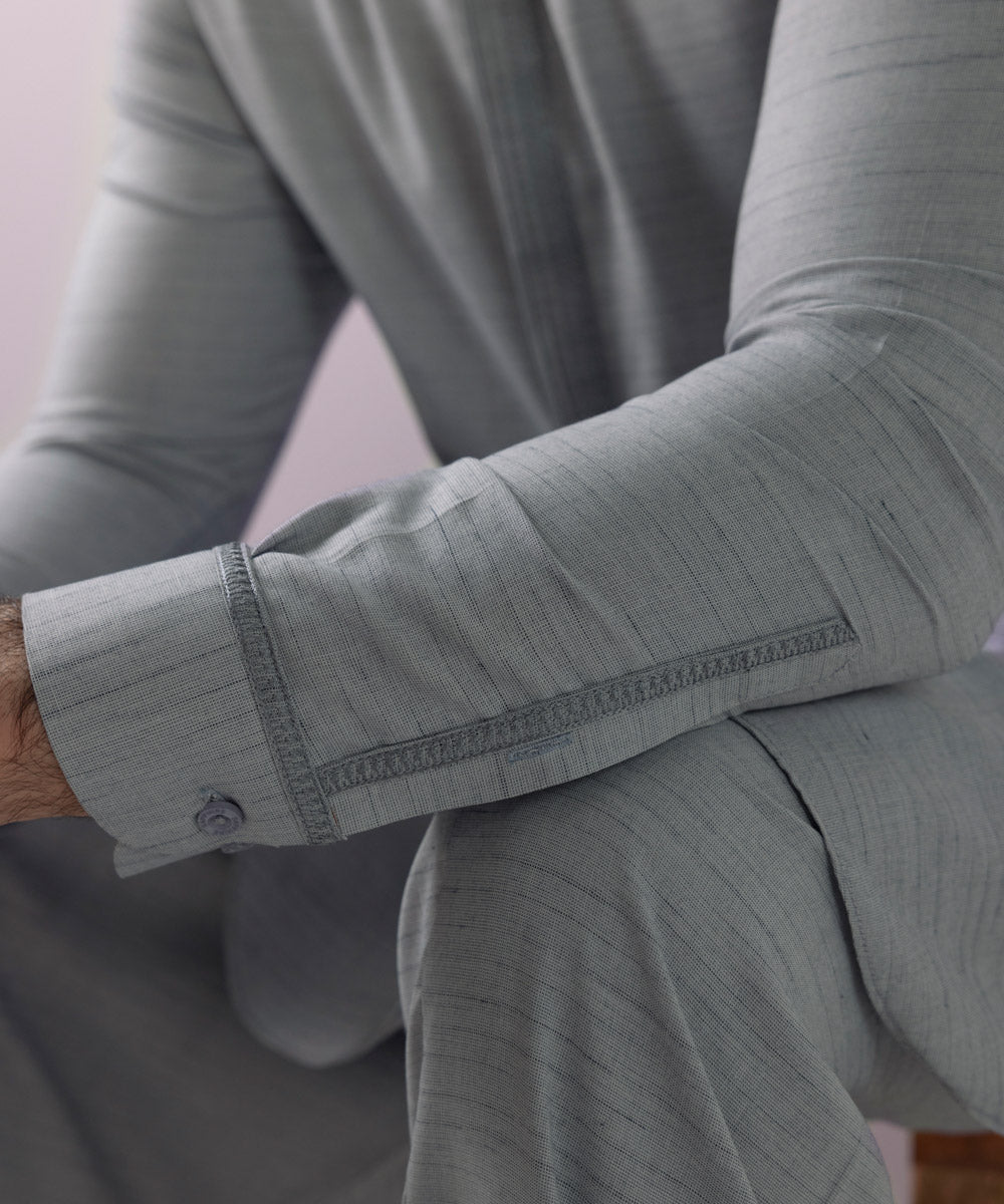 Men's Stitched Embroidered Fancy Wash & Wear Grey Straight Hem Kurta Shalwar