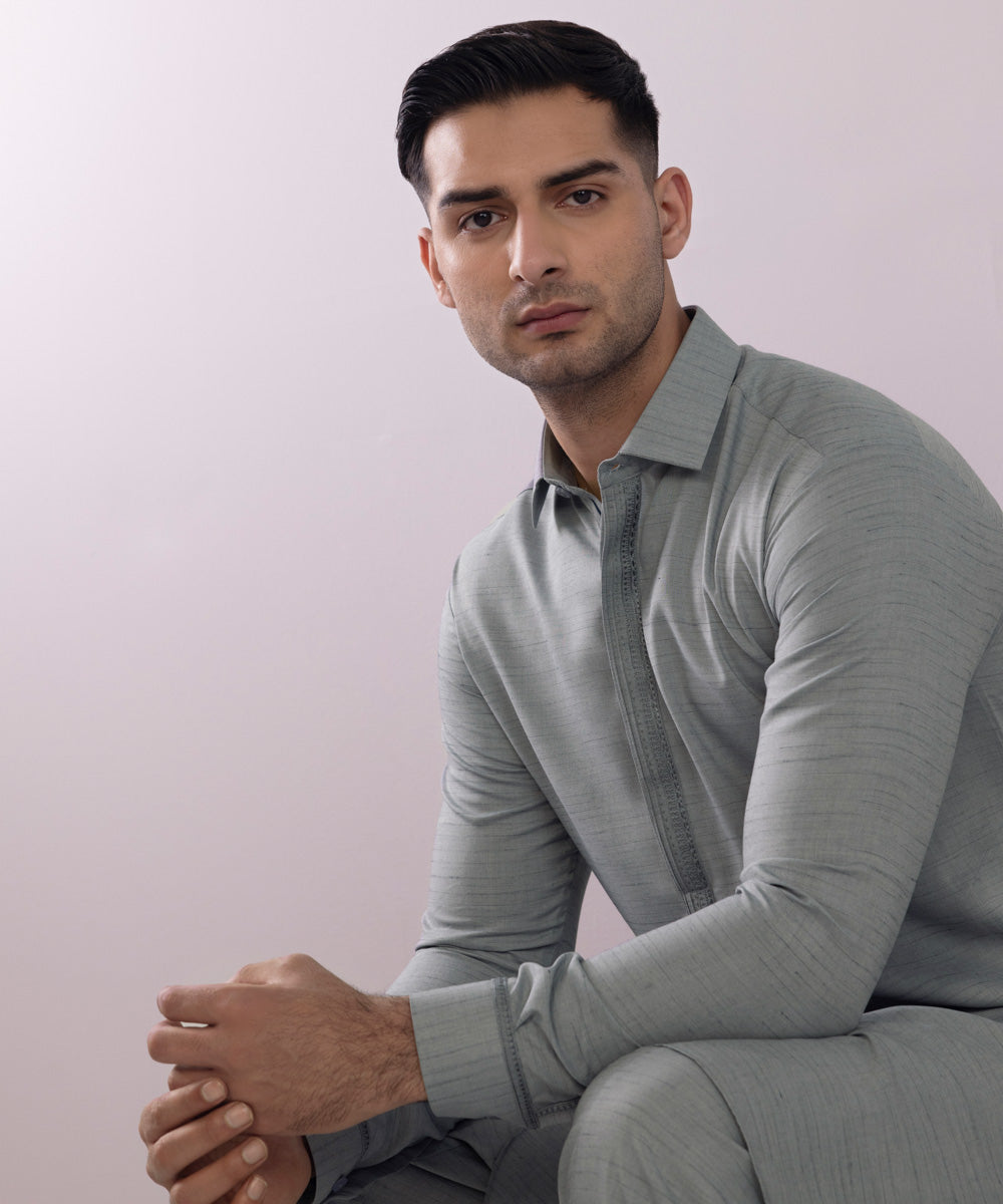 Men's Stitched Embroidered Fancy Wash & Wear Grey Straight Hem Kurta Shalwar