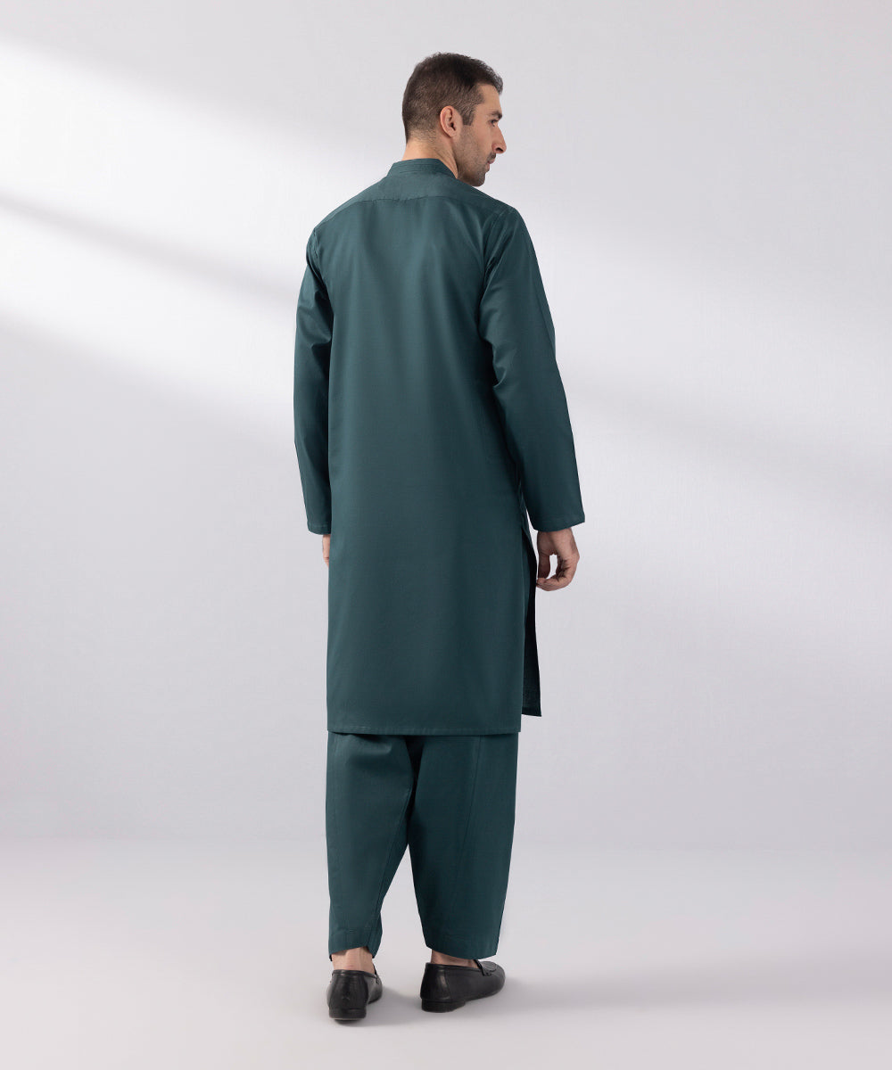 Men's Stitched Cotton Dobby Embroidered Dark Green Straight Hem Kurta Shalwar