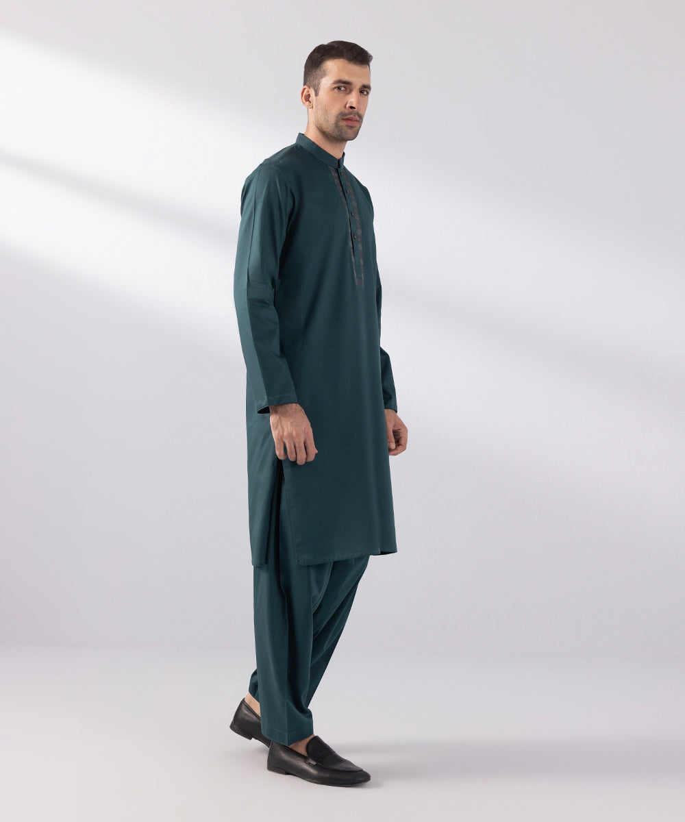 Men's Stitched Cotton Dobby Embroidered Dark Green Straight Hem Kurta Shalwar