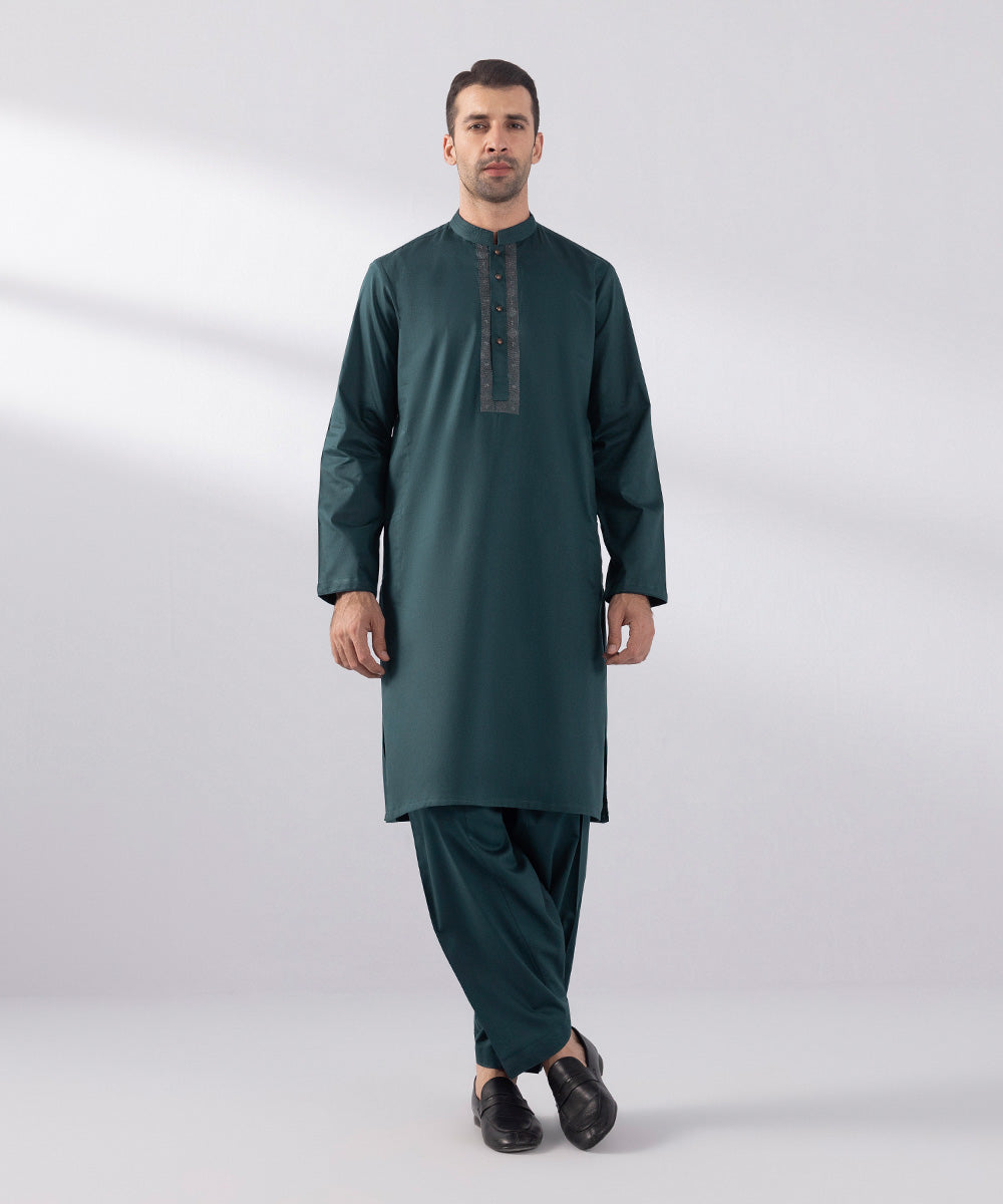 Men's Stitched Cotton Dobby Embroidered Dark Green Straight Hem Kurta Shalwar