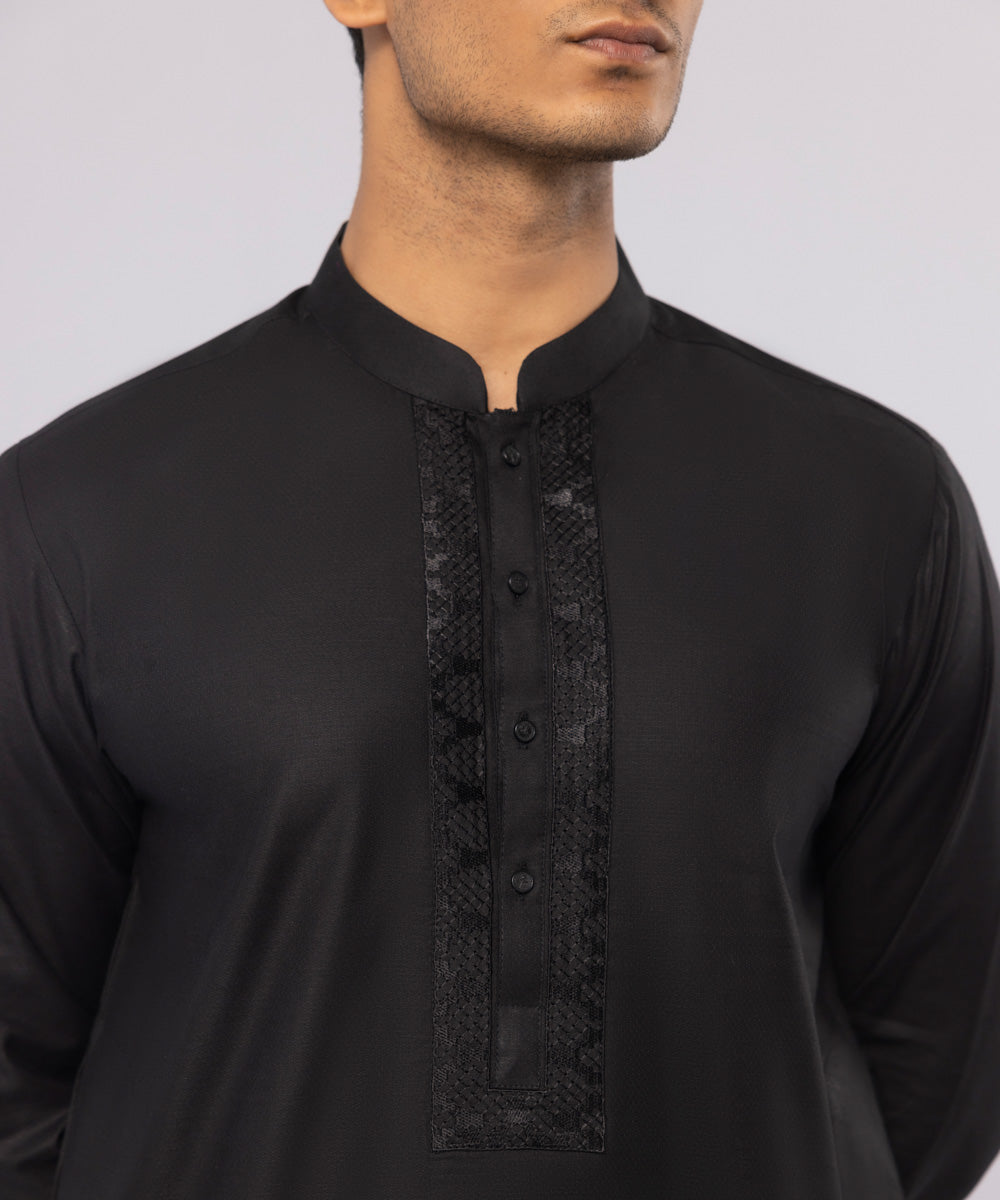 Men's Stitched Cotton Dobby Embroidered Black Straight Hem Kurta Shalwar