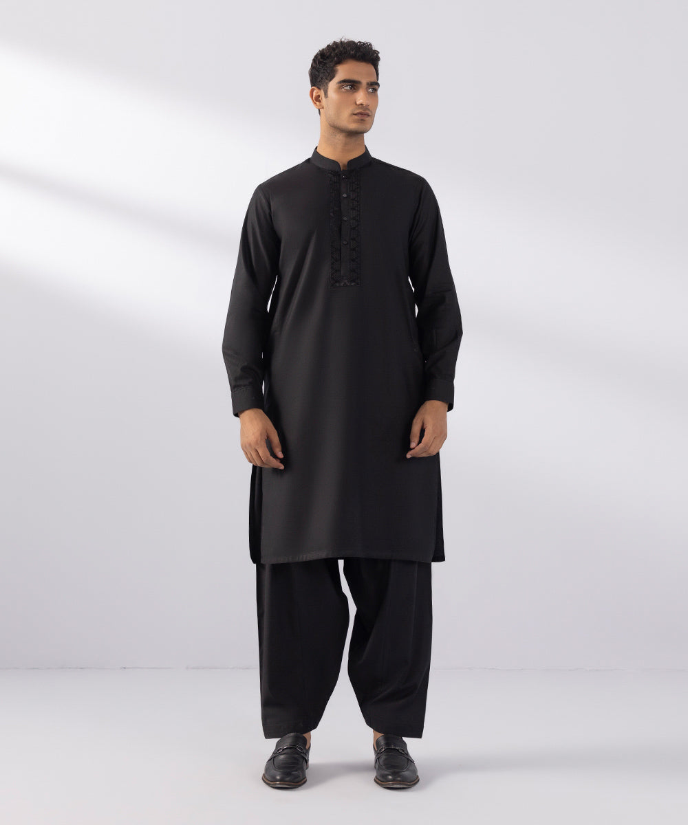 Men's Stitched Cotton Dobby Embroidered Black Straight Hem Kurta Shalwar