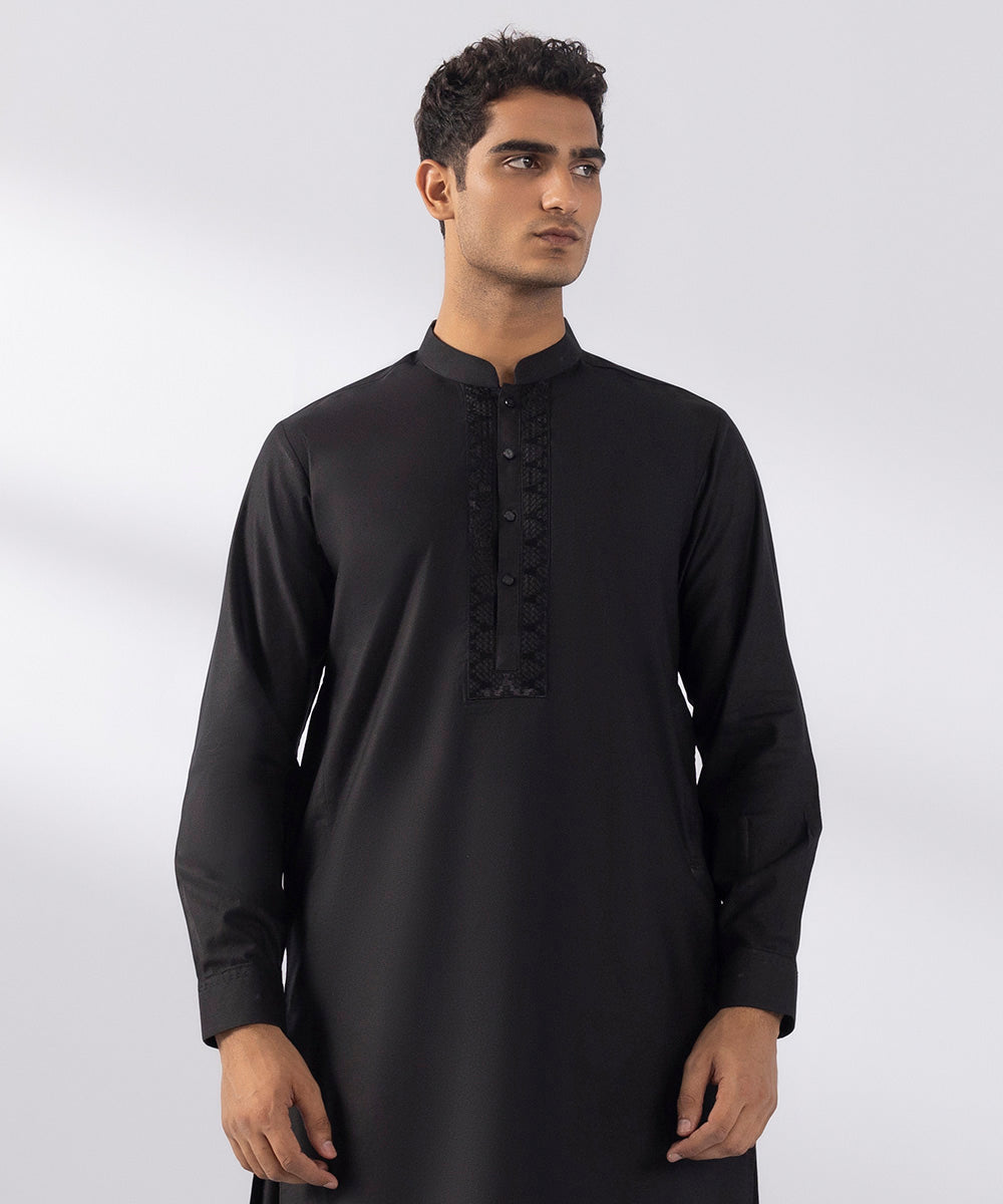 Men's Stitched Cotton Dobby Embroidered Black Straight Hem Kurta Shalwar