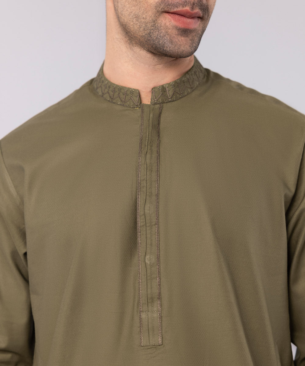 Men's Stitched Cotton Dobby Embroidered Olive  Straight Hem Kurta Shalwar