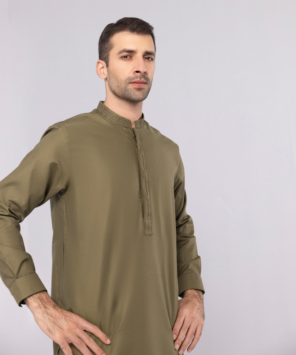 Men's Stitched Cotton Dobby Embroidered Olive  Straight Hem Kurta Shalwar