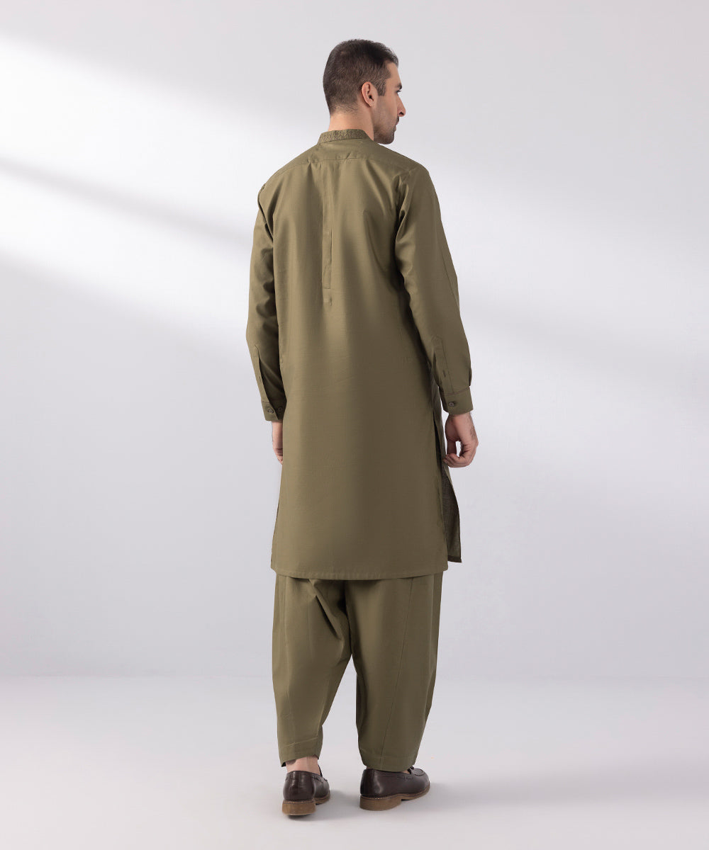 Men's Stitched Cotton Dobby Embroidered Olive  Straight Hem Kurta Shalwar