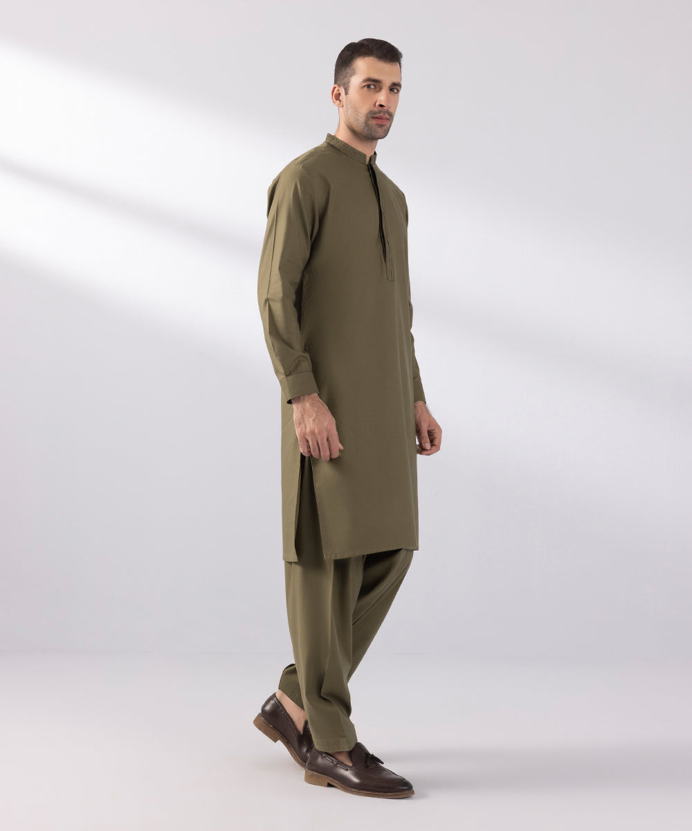 Men's Stitched Cotton Dobby Embroidered Olive  Straight Hem Kurta Shalwar