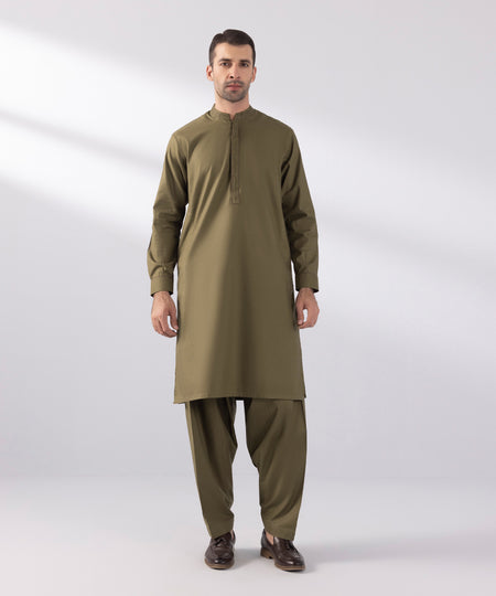 Men's Stitched Cotton Dobby Embroidered Olive  Straight Hem Kurta Shalwar