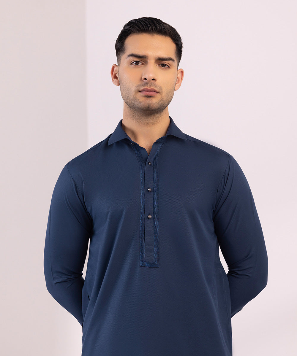 Men's Stitched Embroidered Premium Wash & Wear Royal Blue Straight Hem Kurta Shalwar