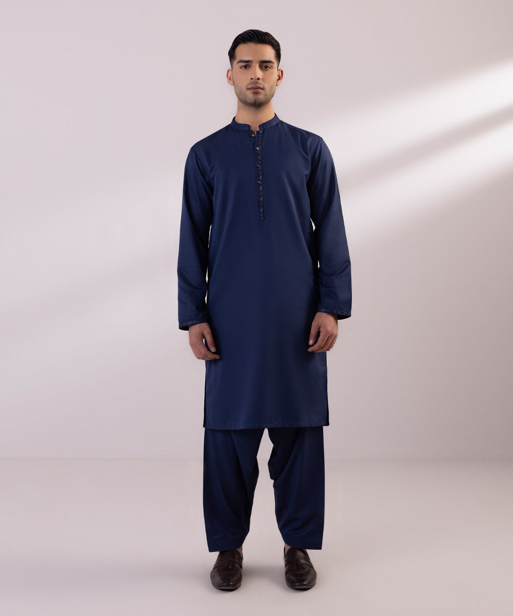 Men's Stitched Embroidered Premium Wash & Wear Royal Blue Straight Hem Kurta Shalwar