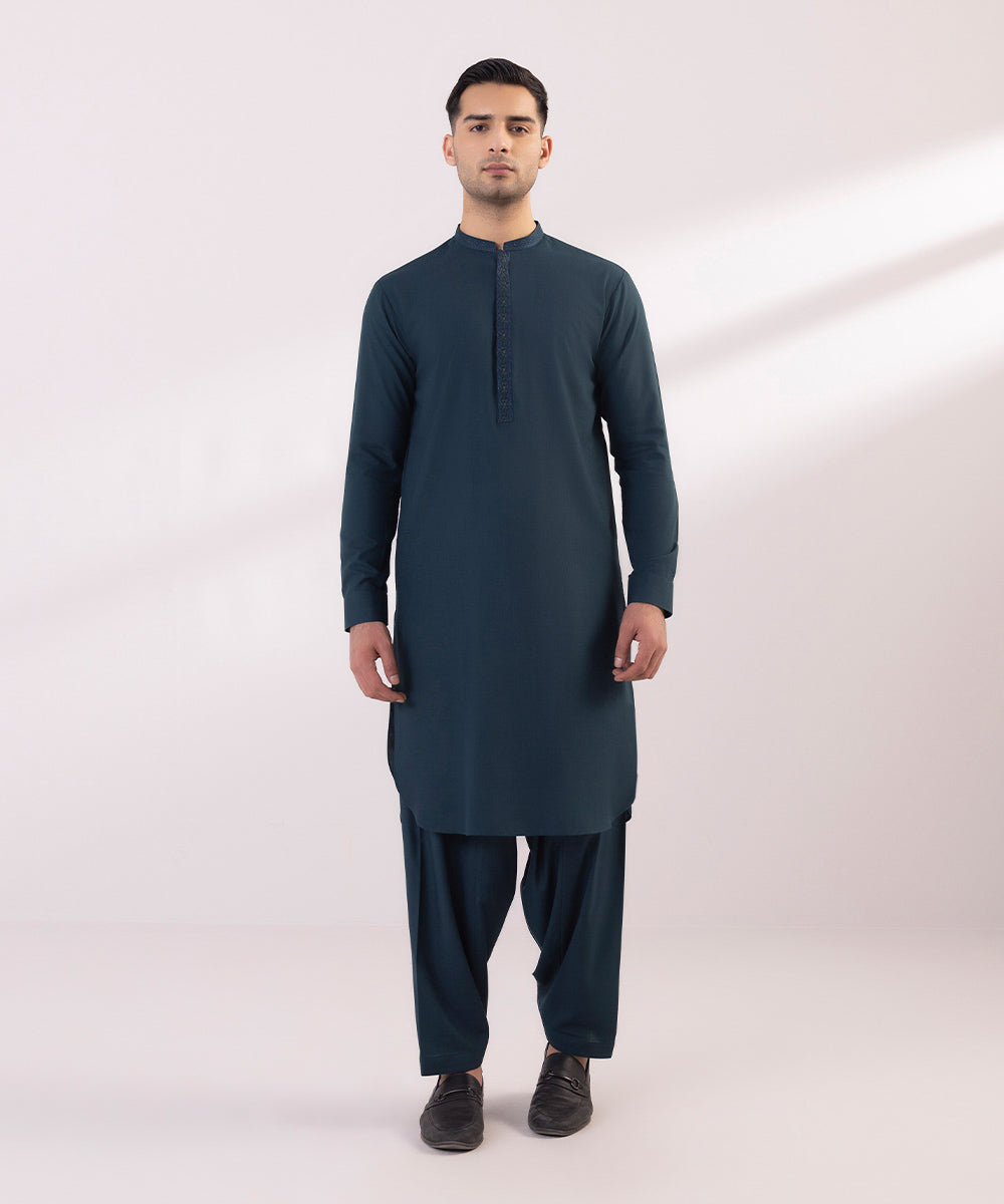 Men's Stitched Embroidered Fancy Wash & Wear Blue Round Hem Kurta Shalwar