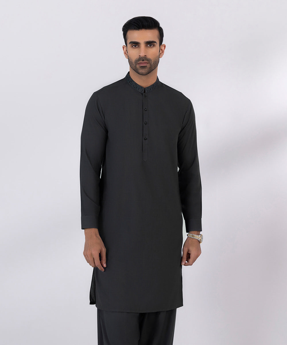 Men's Stitched Embroidered Fancy Wash & Wear Dark Grey Straight Hem Kurta Shalwar