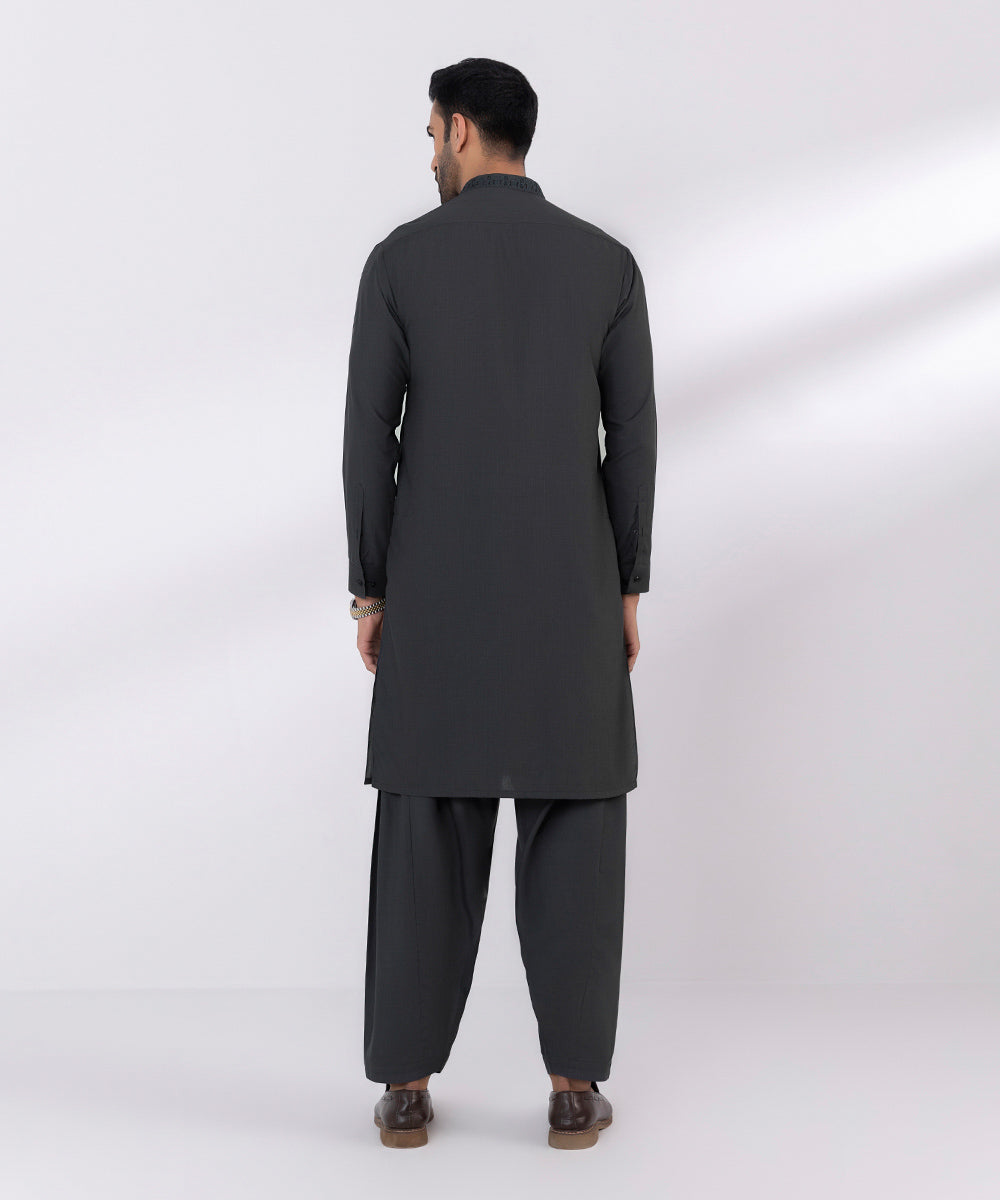 Men's Stitched Embroidered Fancy Wash & Wear Dark Grey Straight Hem Kurta Shalwar