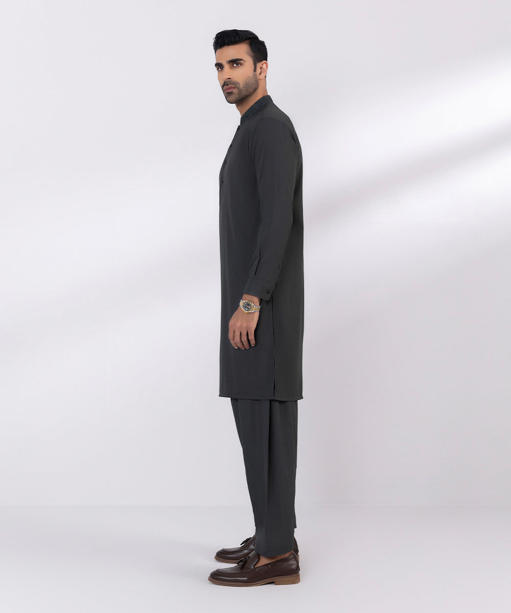 Men's Stitched Embroidered Fancy Wash & Wear Dark Grey Straight Hem Kurta Shalwar