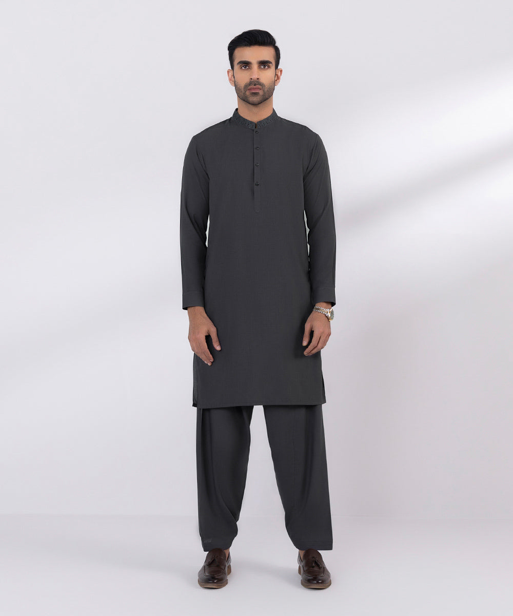 Men's Stitched Embroidered Fancy Wash & Wear Dark Grey Straight Hem Kurta Shalwar