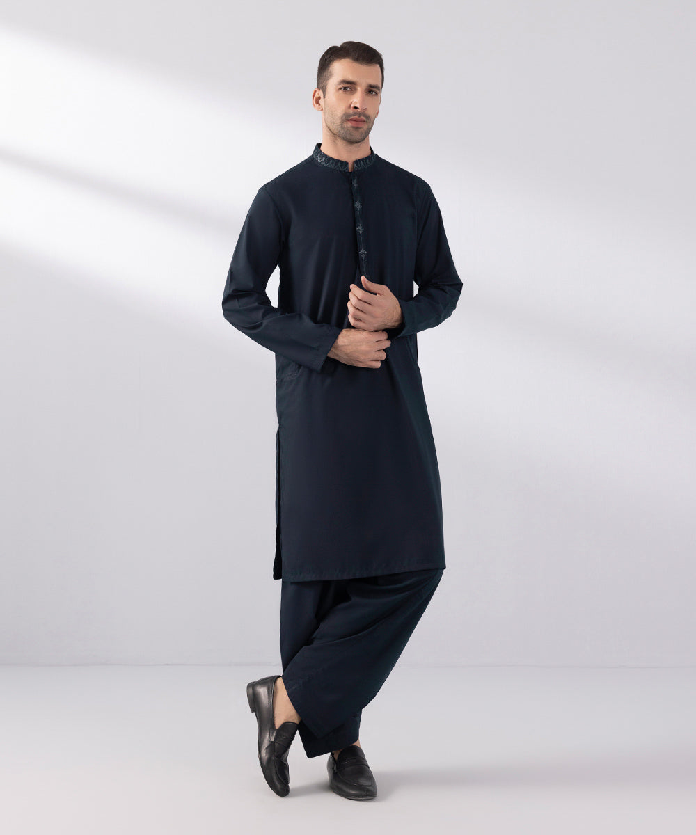 Men's Stitched Wash & Wear Embroidered Grey Straight Hem Kurta Shalwar