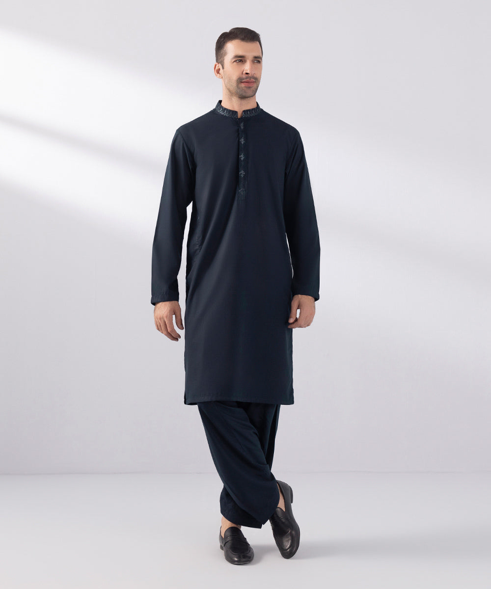 Men's Stitched Wash & Wear Embroidered Grey Straight Hem Kurta Shalwar