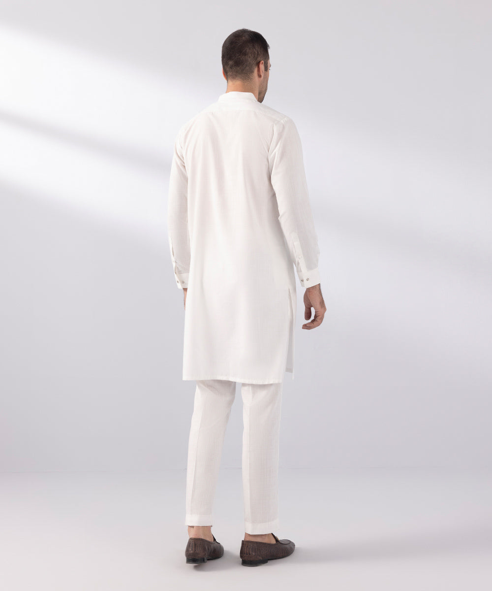 Men's Stitched Wash & Wear Embroidered White Straight Hem Kurta Trousers