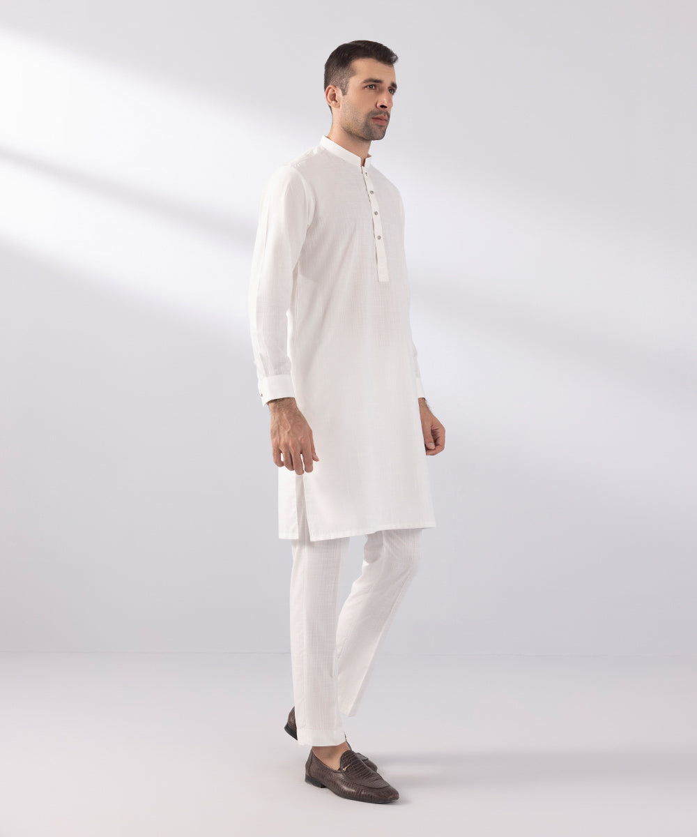 Men's Stitched Wash & Wear Embroidered White Straight Hem Kurta Trousers