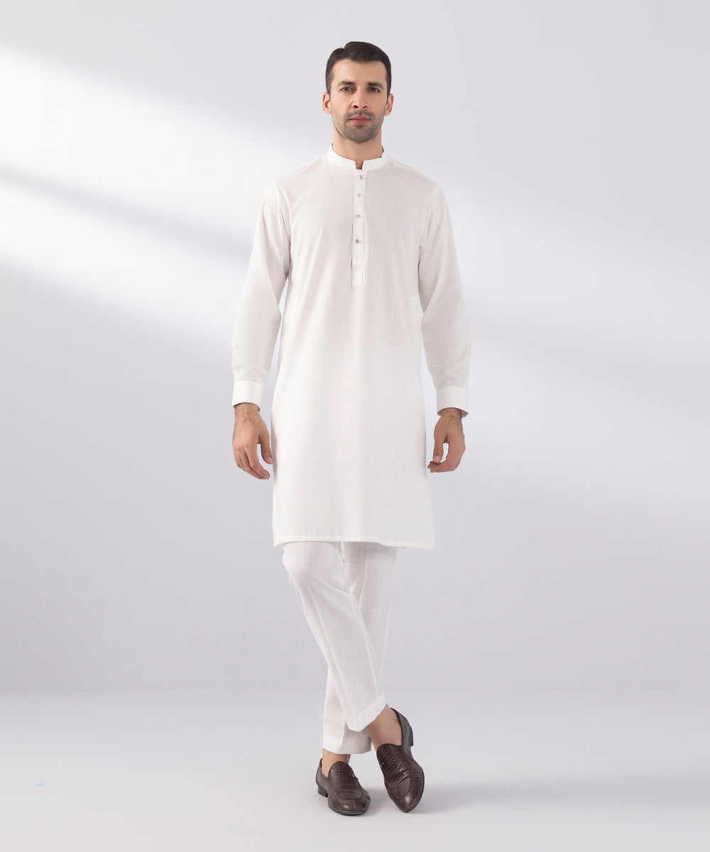 Men's Stitched Wash & Wear Embroidered White Straight Hem Kurta Trousers