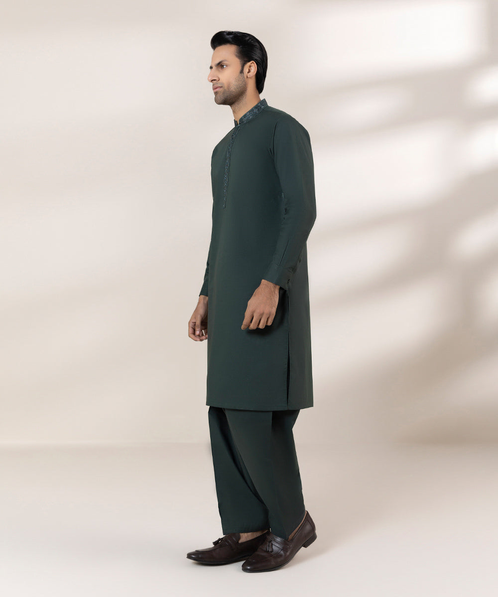 Men's Stitched Fine Cotton Embroidered Green Straight Hem Kurta Shalwar