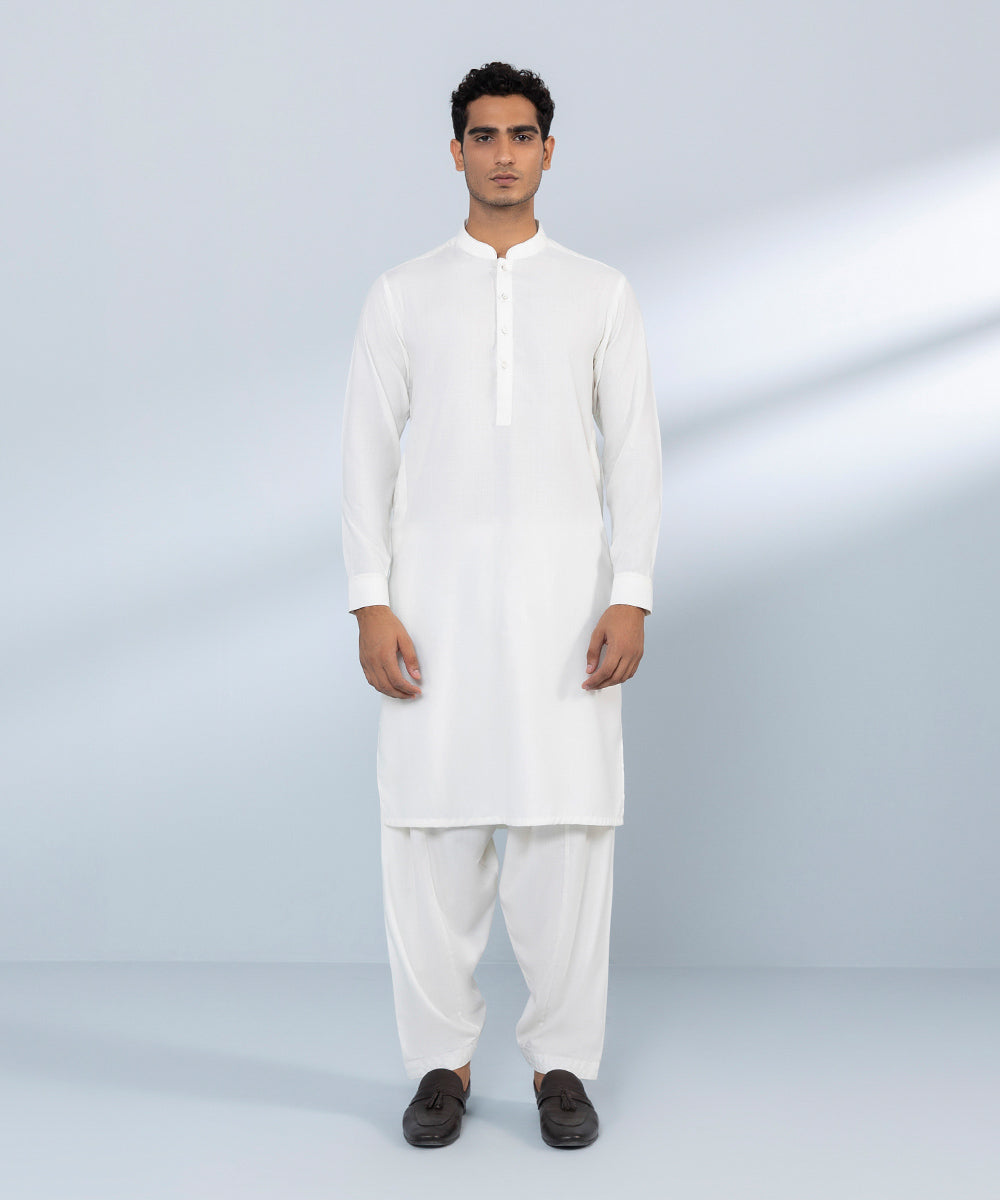 Men's Stitched Wash & Wear Off White Straight Hem Kurta Shalwar