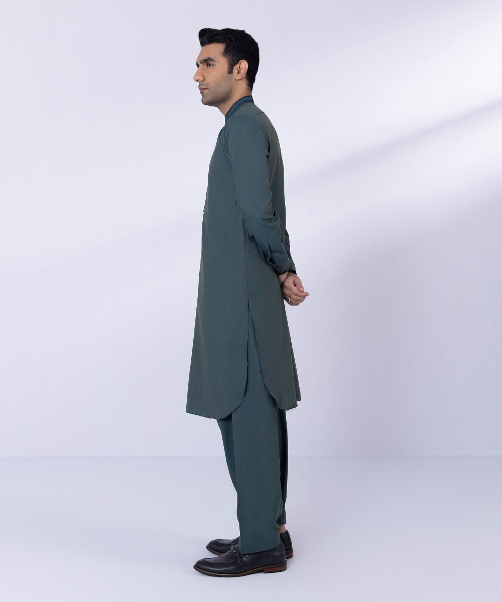 Men's Stitched Teal Green Wash & Wear Fancy Suit