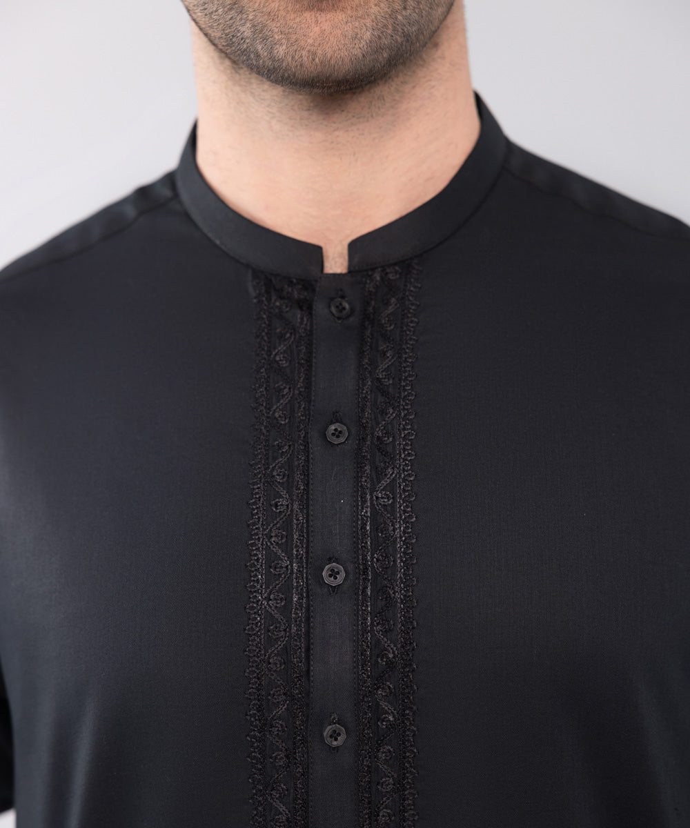 Men's Stitched Black Embroidered Cotton Suit