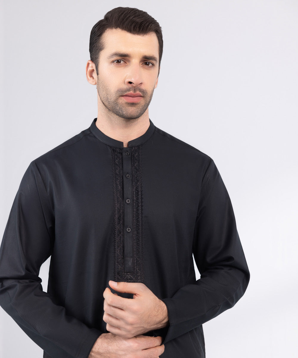 Men's Stitched Black Embroidered Cotton Suit