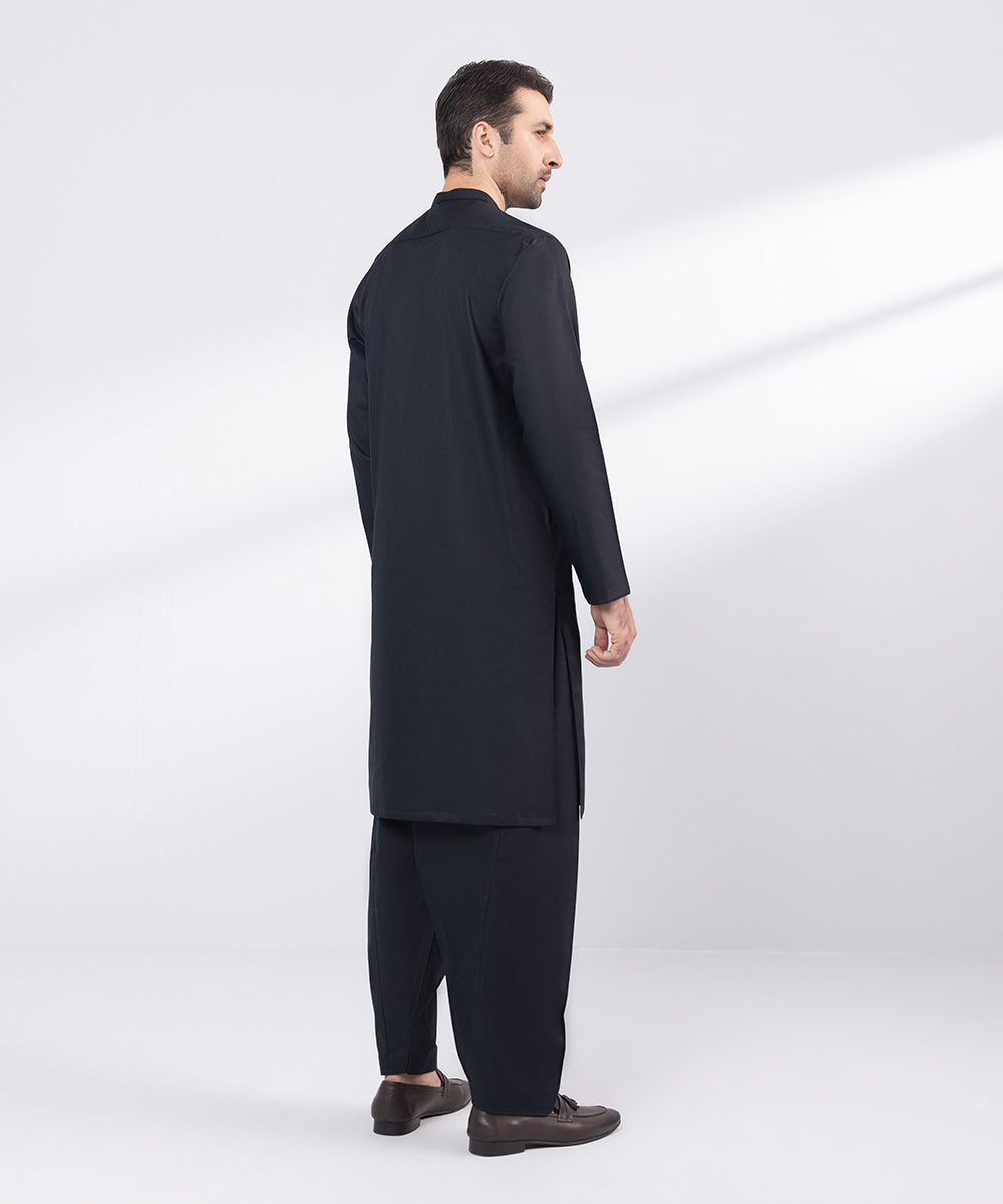 Men's Stitched Black Embroidered Cotton Suit