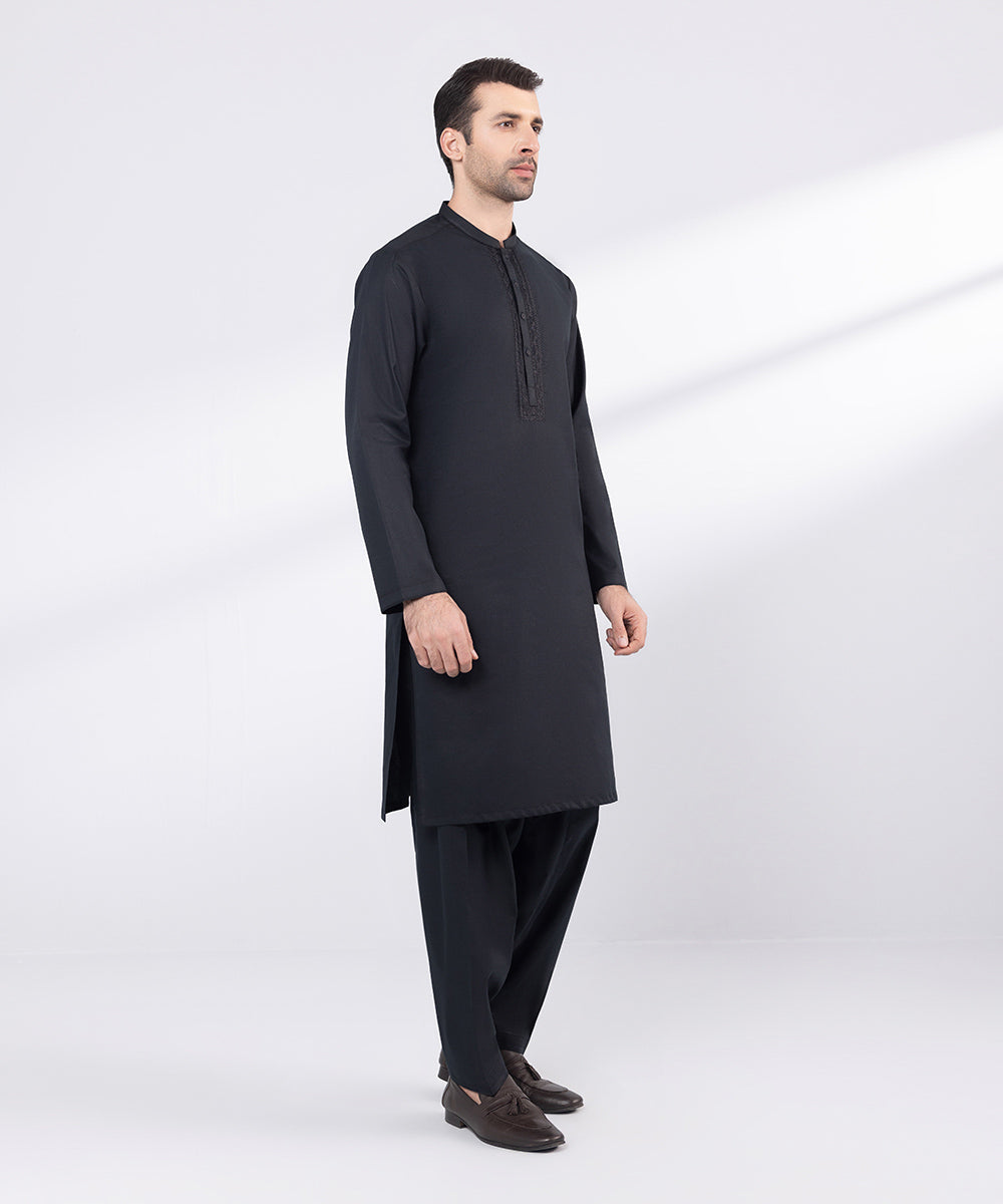 Men's Stitched Black Embroidered Cotton Suit