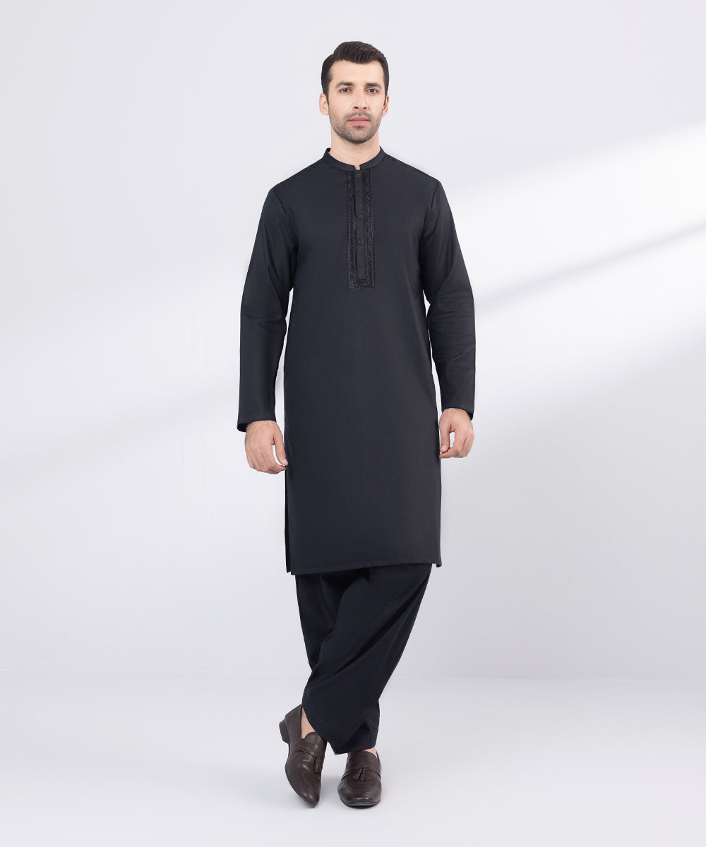 Men's Stitched Black Embroidered Cotton Suit