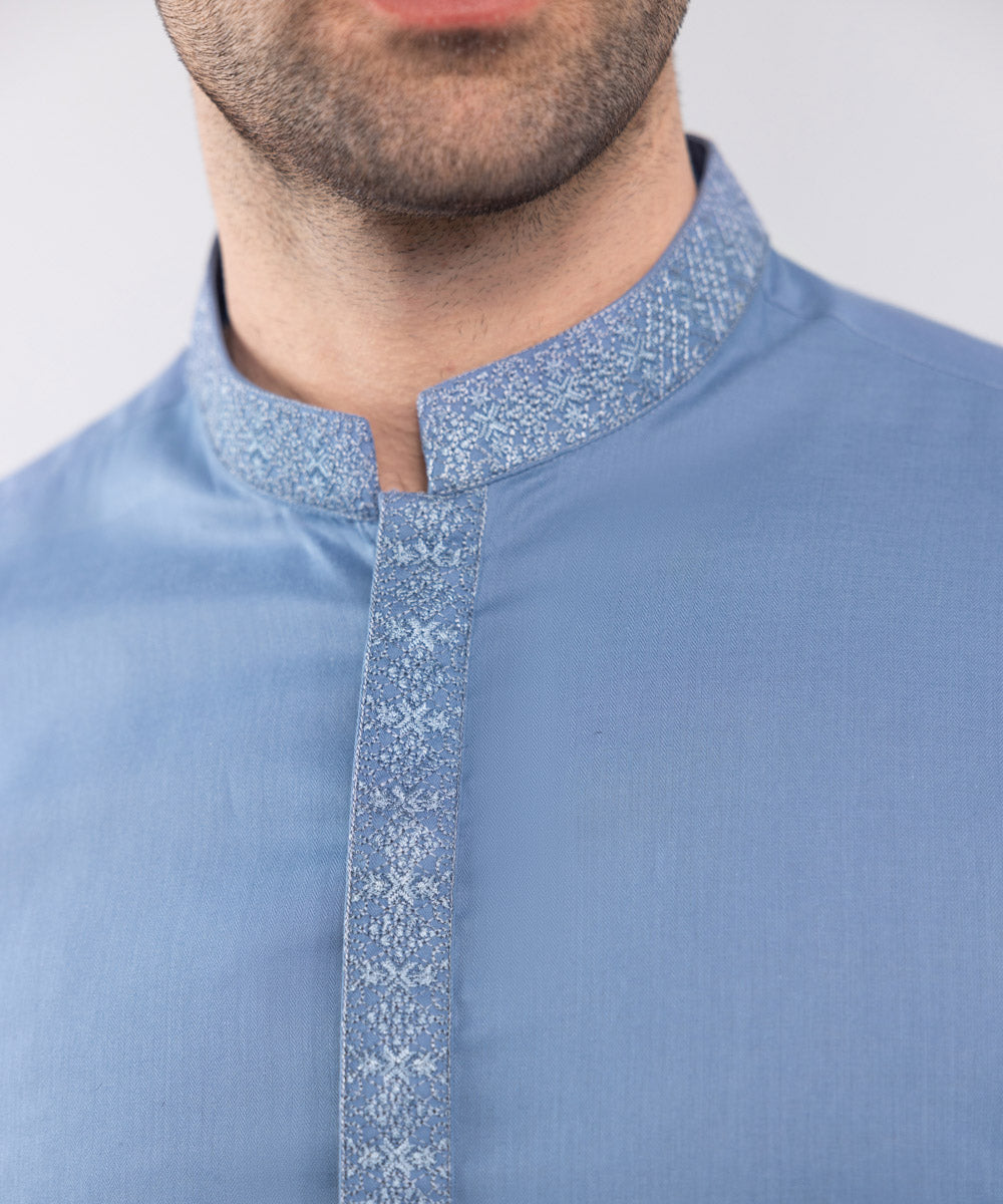 Men's Stitched Blue Embroidered Cotton Suit