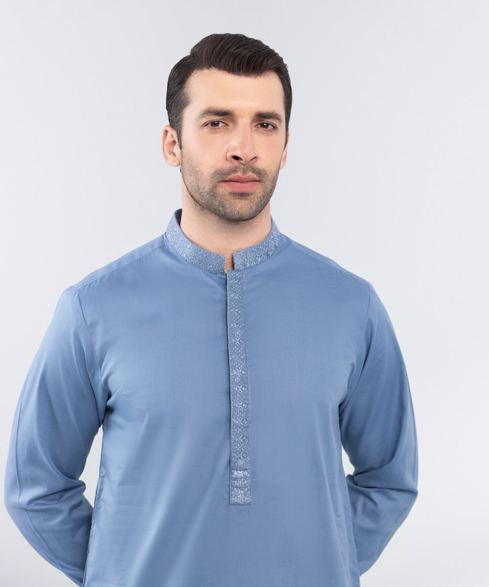 Men's Stitched Blue Embroidered Cotton Suit