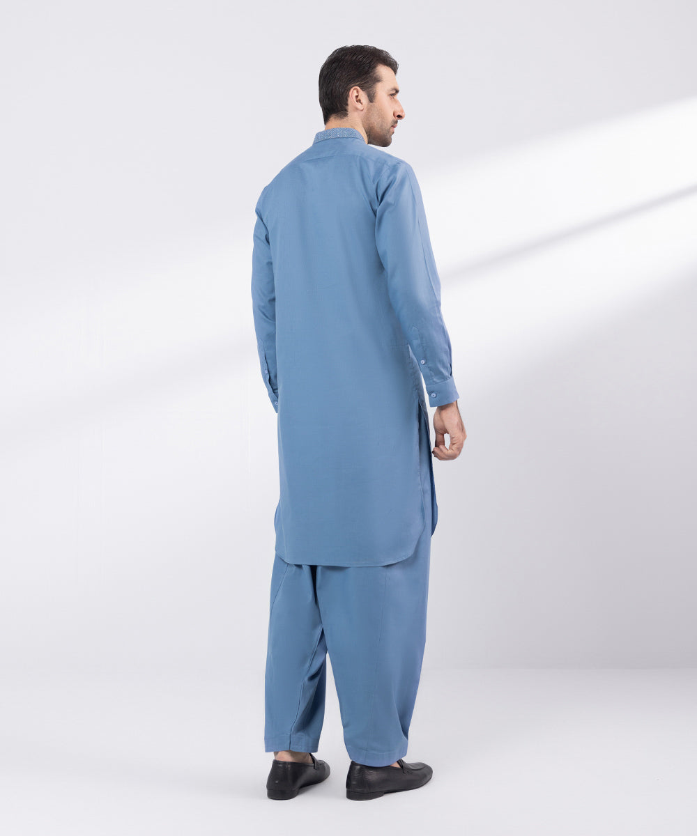 Men's Stitched Blue Embroidered Cotton Suit