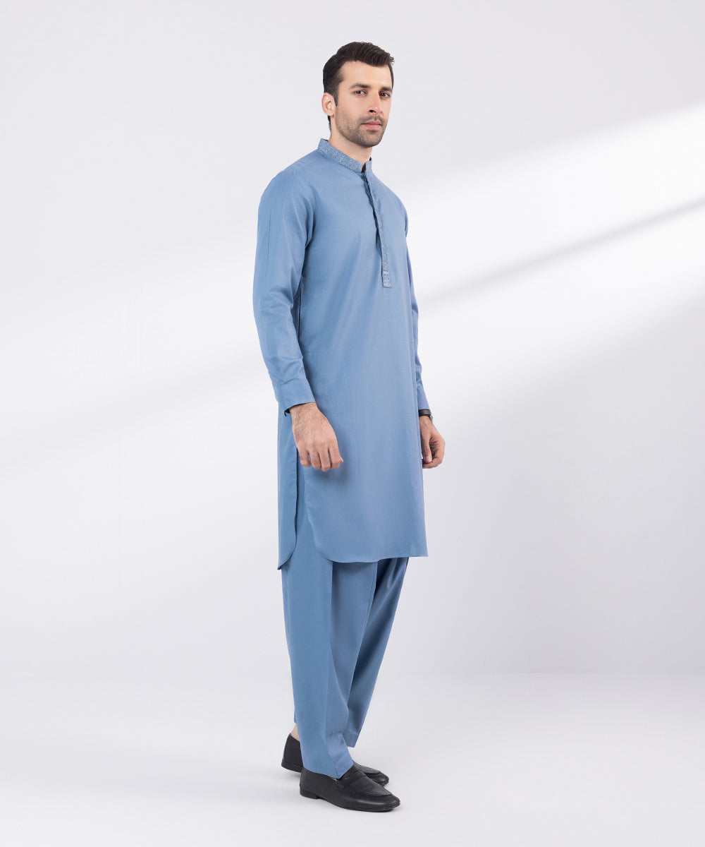 Men's Stitched Blue Embroidered Cotton Suit