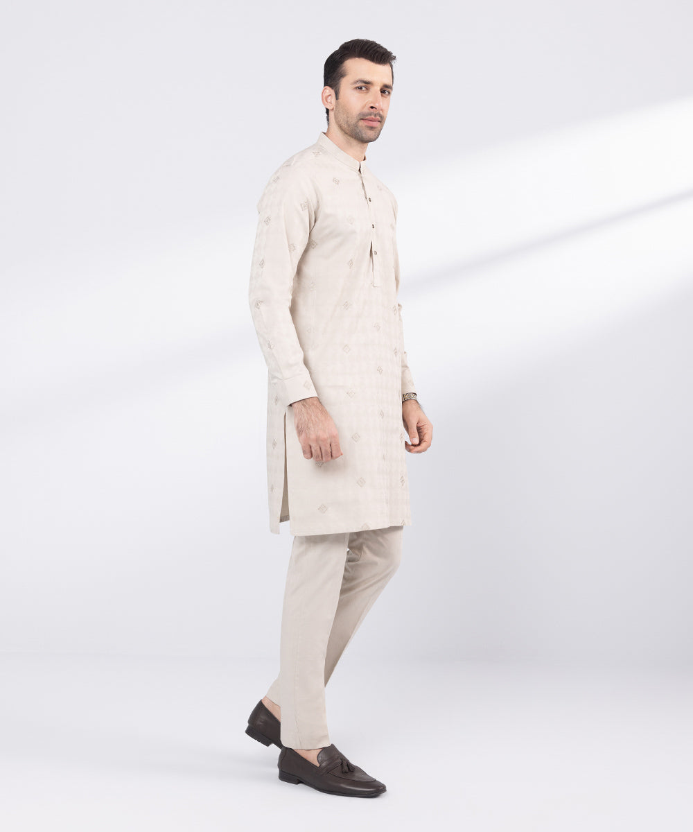 Men's Stitched Beige Embroidered Cotton Jacquard Suit