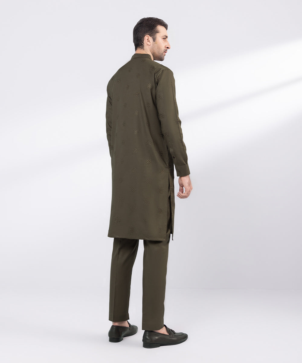 Men's Stitched Brown Embroidered Cotton Suit